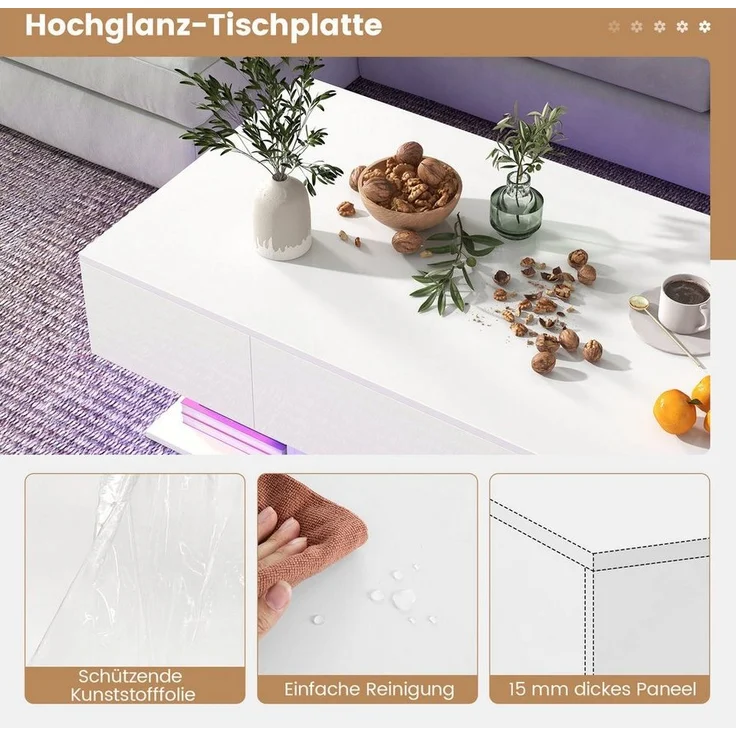 COSTWAY Couchtisch, LED, Hochglanz, 20 Farben einstellbar, mit Stauraum, Weiß – Bild 2