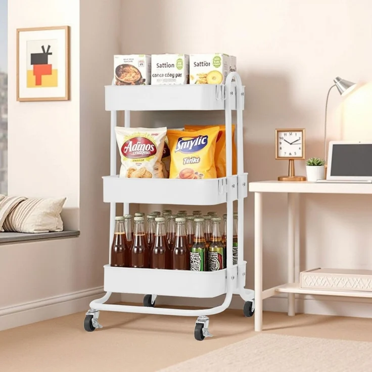 Home Nature Wohnkonzept Küchenrollwagen mit 3 Ebenen Weiß, platzsparender Rollwagen für Küche, Bad und Haushalt, 80 × 40 × 44 cm – Bild 5