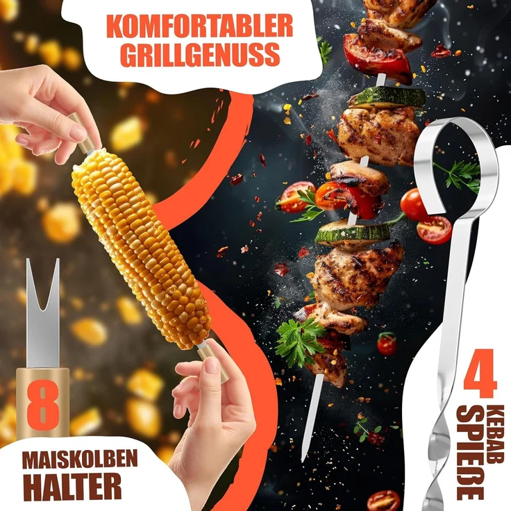 KESSER® Grillbesteck Set 37-teilig Grillzubehör aus rostfreiem Edelstahl Grillset mit Grillzange, Grillwender, 4in1 Grillspatel, Grillgabel, Grill-Spieß, Thermometer, Korkenzieher, Grillmatte & Tasche Beige – Bild 6