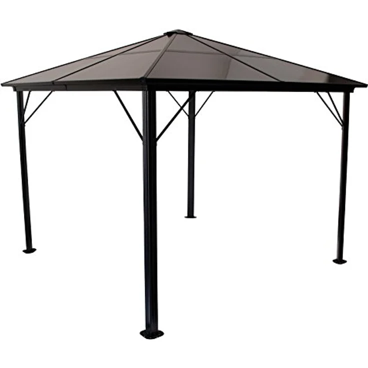 DEGAMO Pavillon Montreal 3x3 Meter, schwarzes Aluminiumgestell, Dach aus braun getönten Polycarbonatplatten, mit beigen Seitenteilen und Moskitonetz – Bild 2