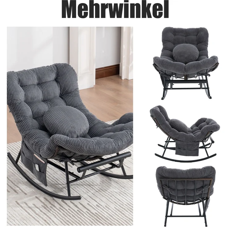 LVHOM Schaukelstuhl mit ausziehbarer Fußstütze, Rattanstuhl mit Stahlrahmen, Schaukelsessel mit gepolstertem Kissen und Seitentasche, Lounge Sessel, 1 St, Dunkelgrau – Bild 5