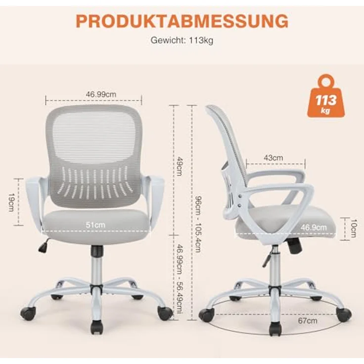Sweetcrispy Bürostuhl Ergonomisch, Schreibtischstuhl mit Lendenwirbelstütze, Verstellbaren Armlehnen Drehstuhl, Höhenverstellbarer Office Chair, Bürostühle Geeignet für Büro und Schlafzimmer, Grau – Bild 4
