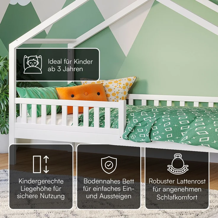 Bellabino 'Vils' Hausbett 90x200 cm, weiß, Kiefer Massivholz, Montessori Kinderbett mit Rausfallschutz und Lattenrost – Bild 3