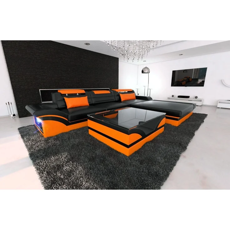 Mini Designer Ledersofa Parma L-Form - Kunstleder - Schwarz-Orange - Rechts – Bild 2