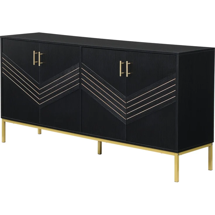 ZUBALIYA Sideboard 160x40x80,5 cm, mit verstellbaren Einlegeböden, mit 4 Türen, aus MDF, Schwarz / Holzfarben – Bild 21