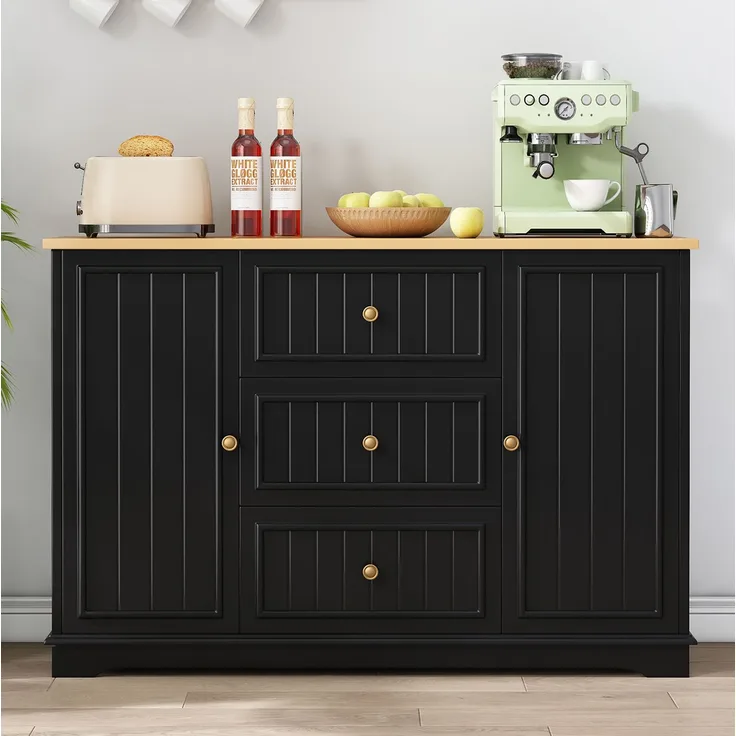 Sideboard 126x40x86 cm in Schwarz mit 3 Schubladen und verstellbaren Einlegeböden