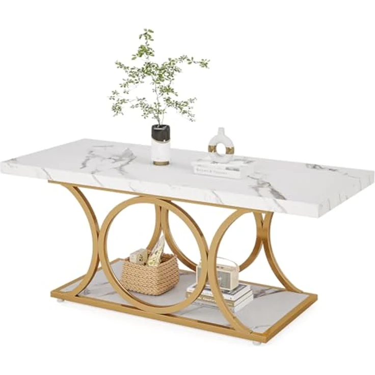 LITTLE TREE Weißer rechteckiger Couchtisch, 119 cm, moderner Couchtisch für Wohnzimmer, 2-stöckiger Couchtische aus Kunstmarmor, mit Stauraum, großer Mitteltisch mit goldfarbenen Metallbeinen – Bild 8