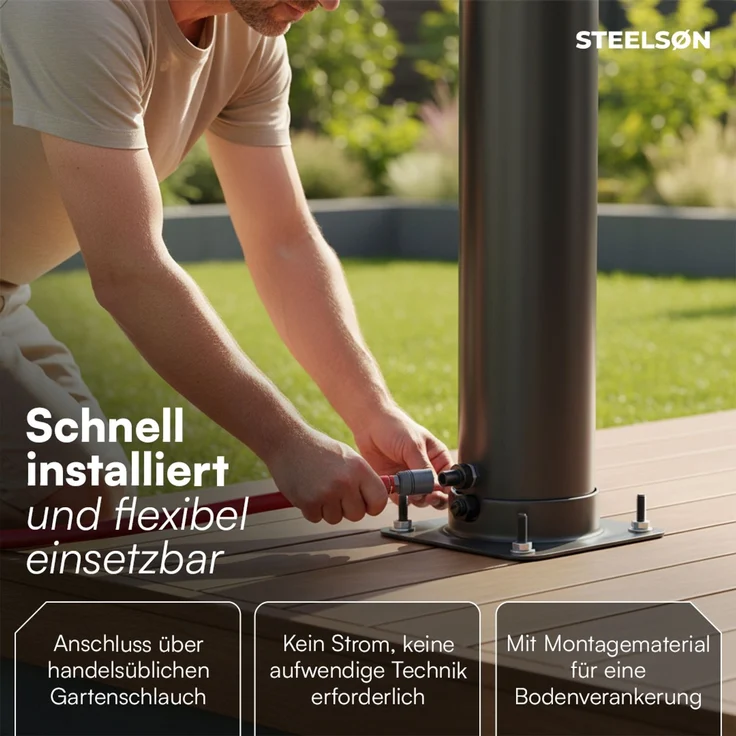 STEELSØN 'Selara' Solardusche 20 Liter, schwarz, warmes Wasser bis 60°C, Gartendusche mit schwankendem Regenduschkopf und Wasserhahn, Outdoor Dusche inkl. Schutzhaube und Kunststoffboden – Bild 7