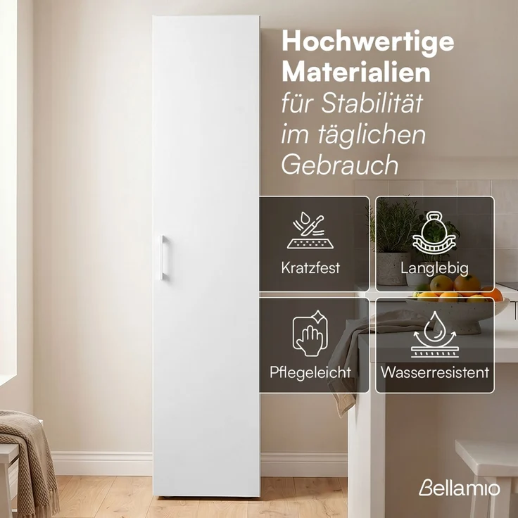 Bellamio 'Apol' Mehrzweckschrank schmal, weiß, 176x33x40 cm, Besenschrank mit Staubsaugerfach und 3 kleinen Fächern – Bild 3