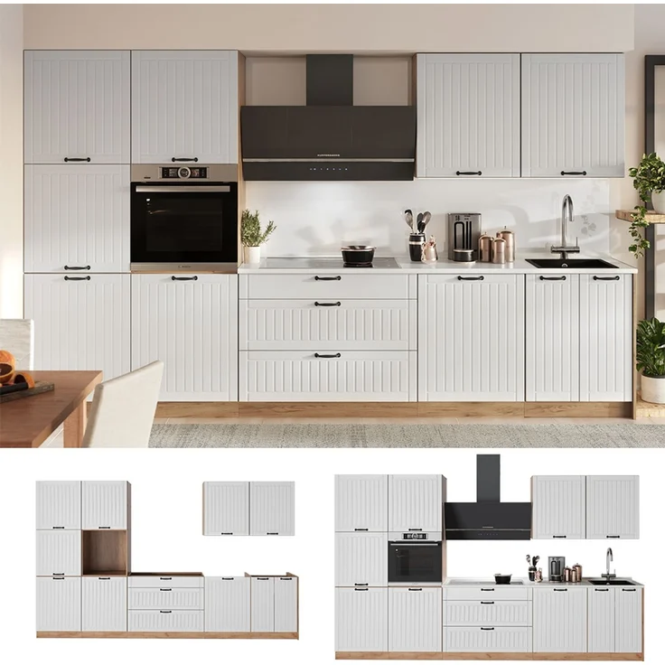 Küchenzeile Fame-Line Weiß Landhaus/Goldkraft Eiche 340 cm, AP Anthrazit Vicco – Bild 4