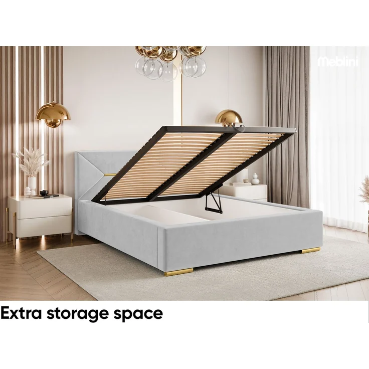MEBLINI Polsterbett 160x200 mit Lattenrost mit Matratze – LIZZY – Hellgrau Samt – Doppelbett mit Bettkasten - Stauraumbett - Kopfteil Bett mit Stauraum – Bild 6