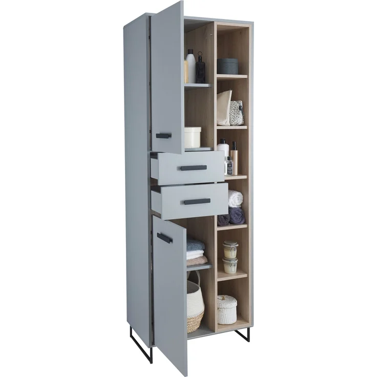 Hochschrank >Tunis< 2 Türen, 2 Schübe, grau matt / sonoma eiche - 65x185x38cm (BxHxT) – Bild 2