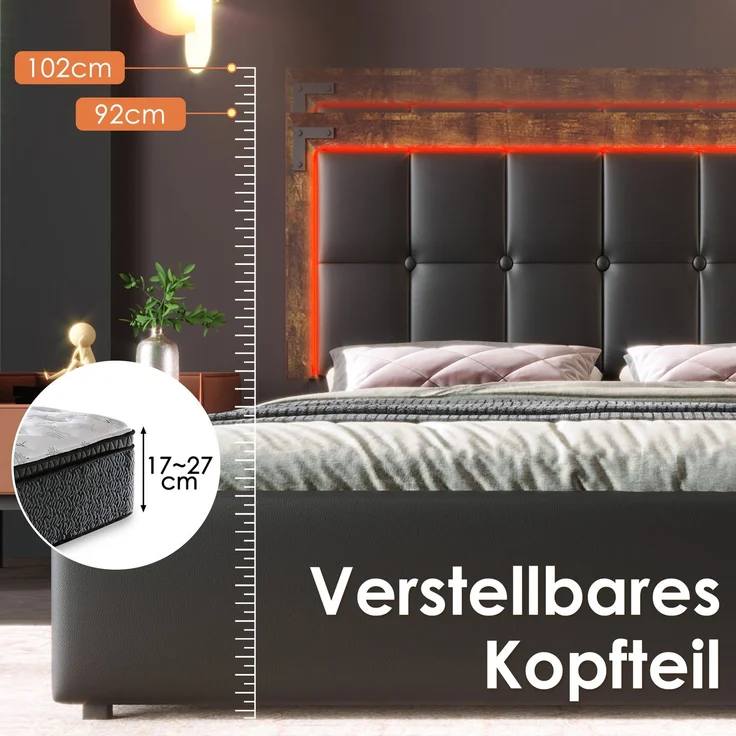 Merax Polsterbett, mit LED-Beleuchtungsleiste und 4 Schubladen, Höhenverstellbares Kopfteil, Funktionsbett, Ohne Matratze, PU Schwarz/Grau, 90x200cm – Bild 5