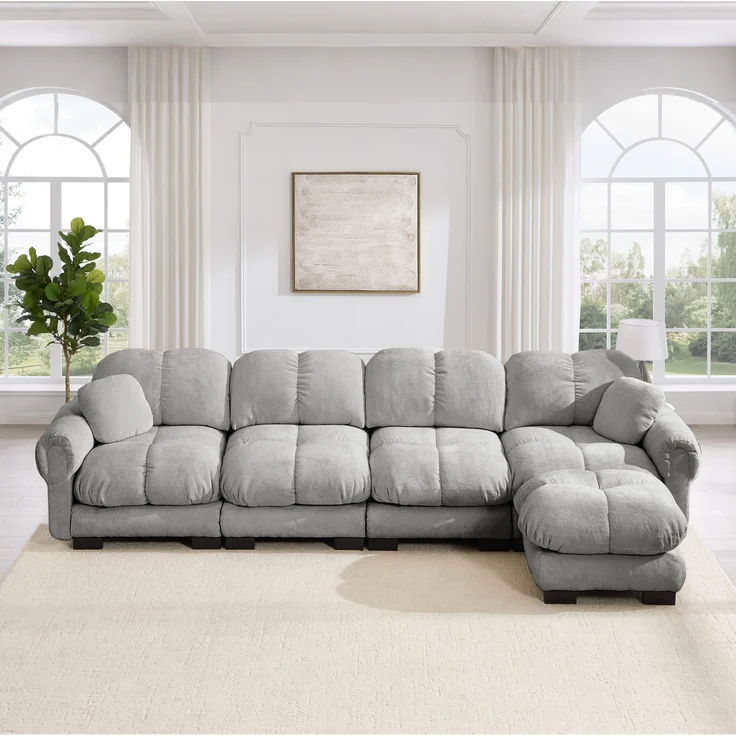 Modulares Ecksofa aus Chenille mit Ottomane, 330x149x90 cm, Hellgrau – Bild 2