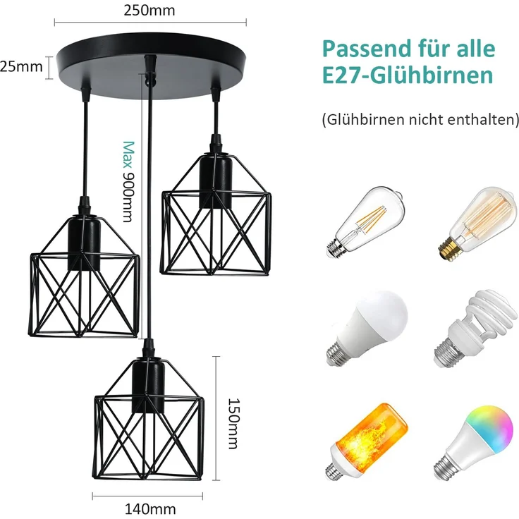 EMKE Pendellampe 3 flammige Kronleuchter Vintage Pendellampe Retro Hängelampe Deckenleuchter, Schwarz Lampenschirm für E27, Wohnzimmer Café – Bild 2