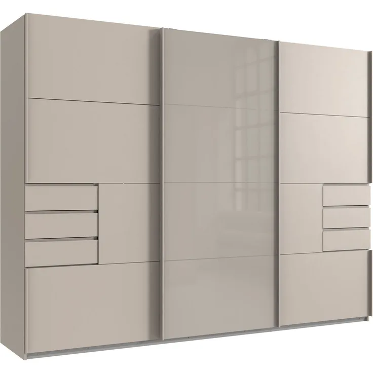 Schwebetürenschrank Kleiderschrank 3-trg 270 cm Beige Grau Glasfront Schubkästen