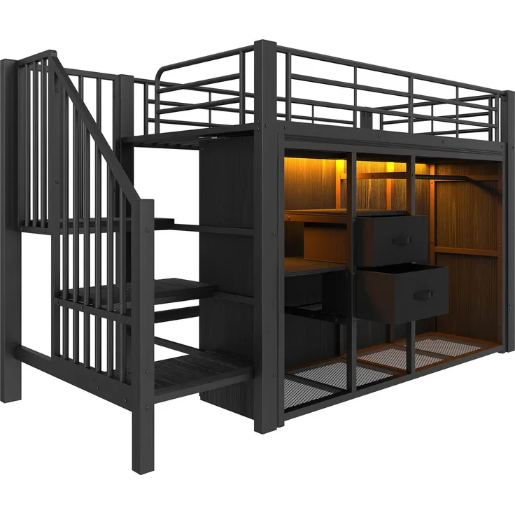 Hochbett mit Kleiderschrank, LED-Streifen, Lattenrost, Treppe und Rausfallschutz, 90x200cm, Kinderbett, Metallbett – Bild 6