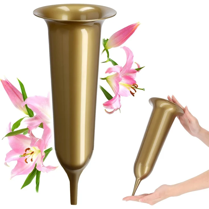 KADAX Vase Fläschchen für den Friedhof 31 cm Künstliche Blumen Gehämmerte Spitze Gold – Bild 1
