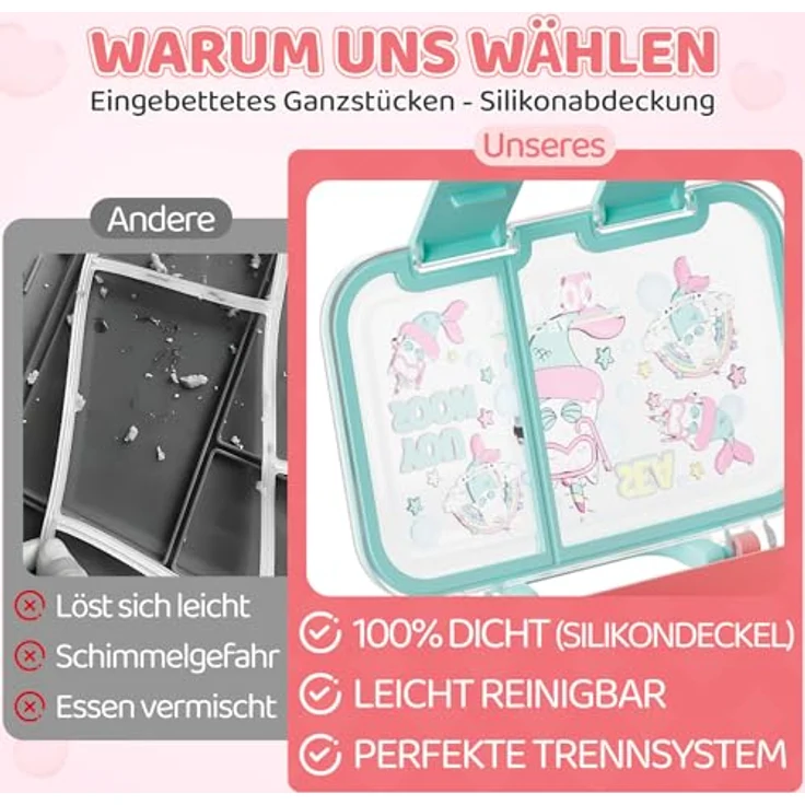 Bundviel Lunchbox Lunchbox Brotdose Kinder mit Fächern Auslaufsichere Bento-Box Brotdose, PP+ABS, (4-tlg, mit Saucenbehälter), spülmaschinenfest, kühlschrankgeeignet und mikrowellenfest – Bild 2