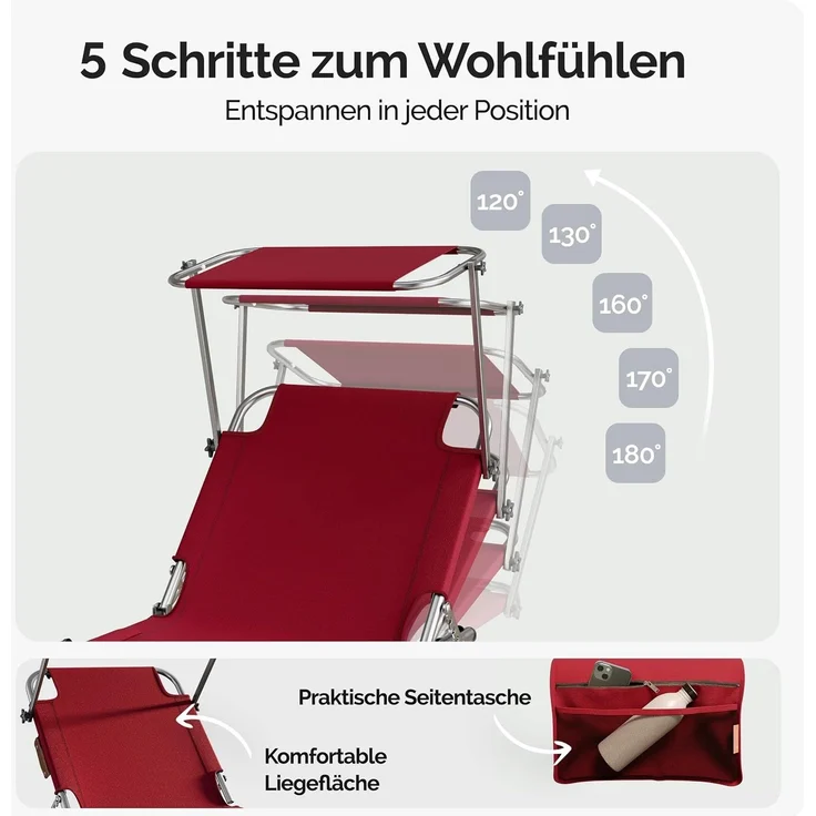 CASARIA® Alu Sonnenliege Klappbar Wetterfest Gartenliege mit Dach Liegestuhl Rot – Bild 3