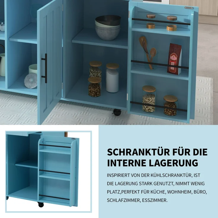129x46(71)x91,5 cm großer Speisewagen/Sideboard, Arbeitsplatte mit Massivholzmaserung + blauer Schrank/faltbare Arbeitsplatte/Aufbewahrungstür-Design/Räder/Massivholzfüße umschaltbar/für Zuhause geeig – Bild 5