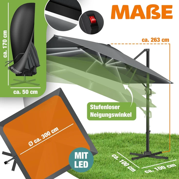 KESSER® Sonnenschirm Ampelschirm SUN XL 300 x 300 cm Inkl. Abdeckung +Windsicherung Drehbar Neigbar Kippbar Marktschirm Groß 360° Rotation, Gartenschirm mit Kurbel Sonnenschutz UV50+ Anthrazit, Mit LED – Bild 2