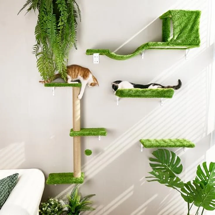 FUKUMARU Kletterwand Katzen Set, 10-teilig Katzen Kletterwand Set, aus robuster Multiplexplatte，Hängematte Katze mit Katzenhaus, Katzenbrücke, Katzenbaum, Katzentreppe bis zu 18 kg, grün – Bild 4