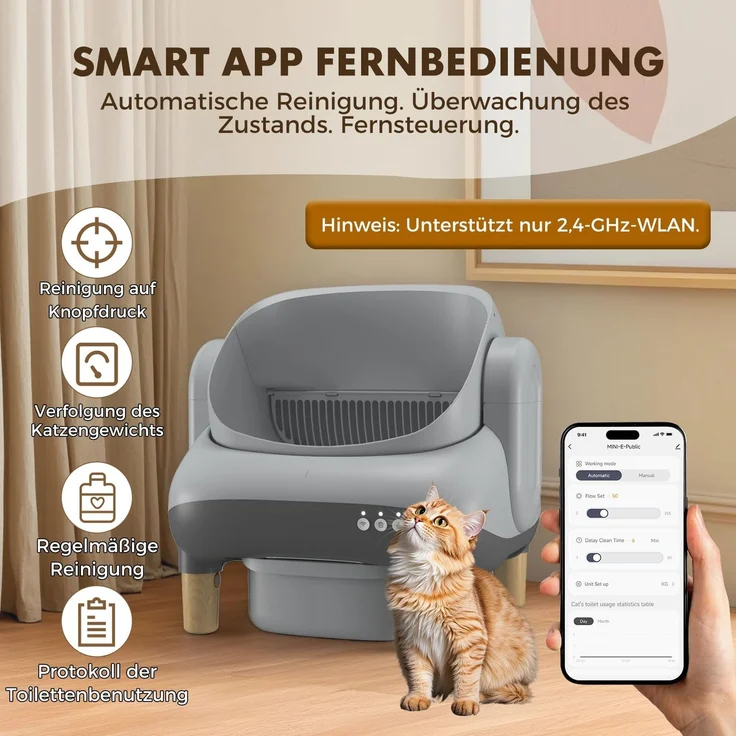 GTPLAYER Katzenklo Selbstreinigend, Selbstreinigende Katzentoilette mit Offenem Design, App-Steuerung & Sensoren, Automatisches Katzenklo mit Duftstein, Streumatte, Ideal für Mehrkatzenhaushalte, Grau – Bild 4