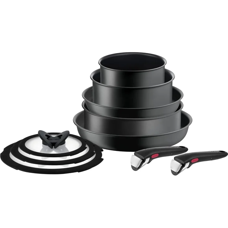 Tefal Topf-Set Ingenio Ultimate, Topf und Pfannenset abnehmbarer Griff, stapelbar, Aluminium (Set, 10-tlg, Kasserolle 16/20cm, Schmorpfanne 24cm, Pfanne 24/28cm, Deckel, Griffe), platzsparend, Pfannenset Induktion mit Antihaftversiegelung, L76491 – Bild 1