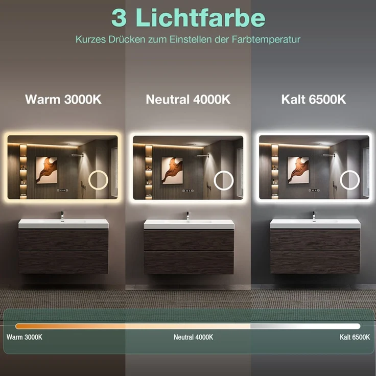 Gimbelen LED Badezimmerspiegel 100x60 cm mit Uhr, dimmbar, 3-fach Vergrößerung & Anti-Beschlag, 3 Lichtfarben, Touch-Steuerung, rechteckiges Design, für Badezimmer, Silber – Bild 2