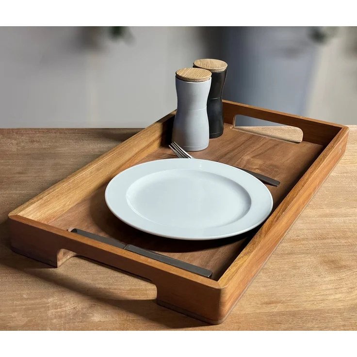 AdHoc Tablett Serviertablett Serve Smart, Akazienholz, Walnussholz, (Dekotablett rechteckig, 1-tlg), hochwertiges Frühstückstablett mit ergonomischen Griffmulden 56x30 cm – Bild 3
