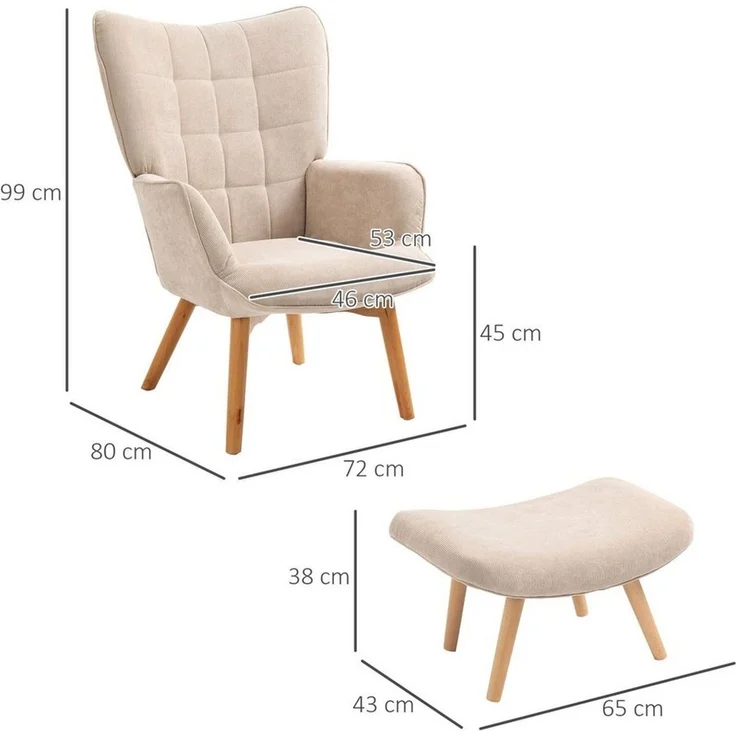 HOMCOM Relaxsessel Loungesessel mit Hocker, Armlehnstuhl mit Holzbeine, Fernsehsessel (Ohrensessel, 1-St, Relaxsessel), mit Cord-Optik – Bild 2