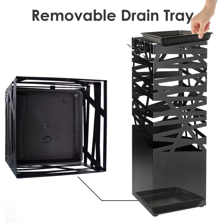 Todeco Regenschirmständer aus Metall mit Ausschnittmuster, quadratischer Schirmständer mit 4 Haken und Wasserauffangschale herausnehmbar, für Eingang, Haus, Büro, Schwarz, 15,5x15,5x49 cm – Bild 7