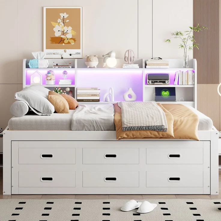 Schlafsofa, Daybett, Tagesbett, 140 x 200cm, Mit LED-Leuchten, 3 schubladen, Nachttischablage, Multifunktionales ausziehbares bett mit usb+type-c, Ohne matratze, Weiß – Bild 6