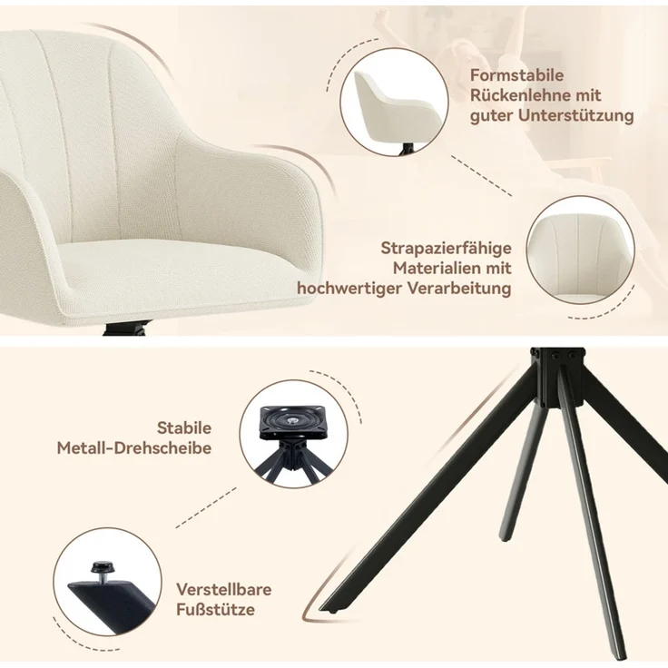Hawthyhome 4-Fußstuhl Esszimmerstuhl drehbar mit Armlehne, 360° Drehfunktion, Samtbezug, stabiles schwarzes Metallgestell, moderner Küchenstuhl für Esszimmer, Wohnzimmer, Büro & Homeoffice, Beige – Bild 5