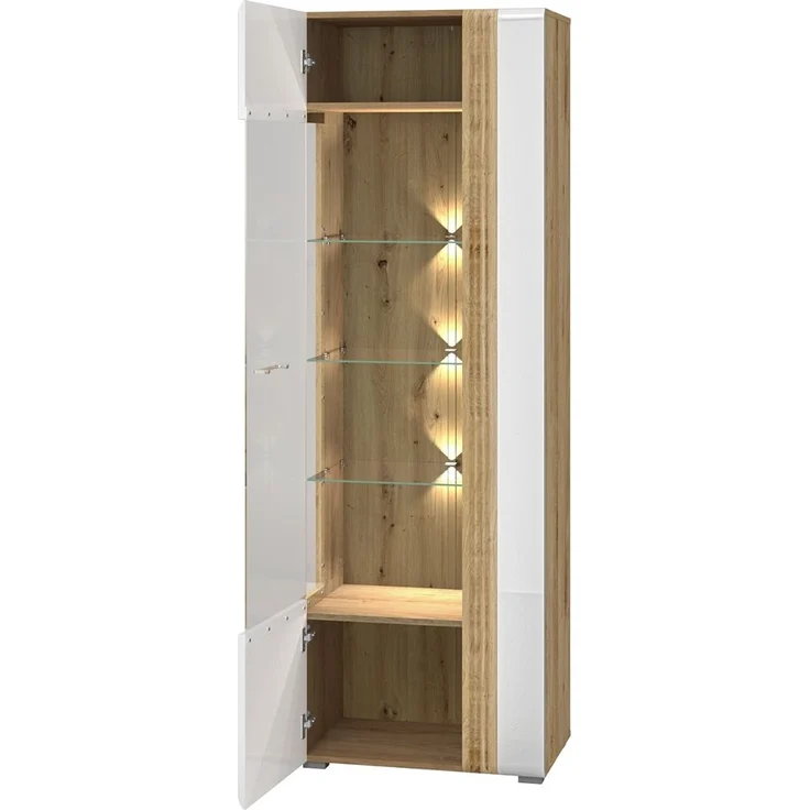 Vitrinenschrank Eiche Castello Nb. mit Hochglanz weiß AKRON-131 MDF Front mit edler Fräsung, B/H/T: ca. 65/196/42 cm – Bild 2