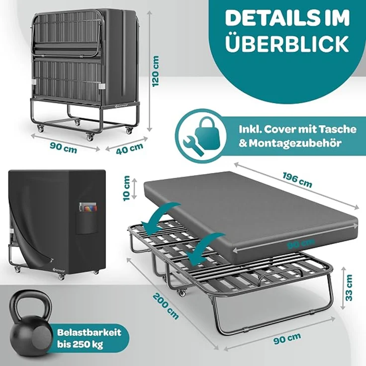 KESSER® klappbares Gästebett inkl. Matratze aus Memory-Schaum, Reisebett, belastbar bis 250kg, mit Metallrahmen, Rollen & Cover, Anthrazit, 33 x 90 x 200 cm – Bild 4