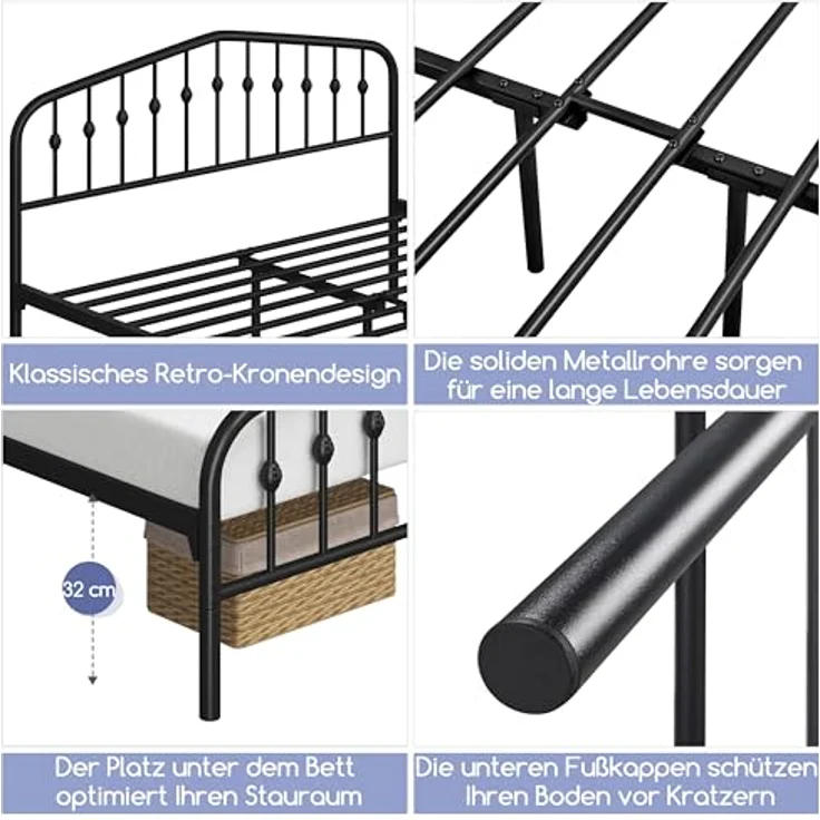 Yaheetech Bettrahmen 160x200 cm, Vintage Metallbett mit kronenförmigem Kopfteil, Stabiles Bettgestell Doppelbett aus Metall, Robust & Leichte Montage Gästebett Jugendbett Tagesbett, Schwarz – Bild 10