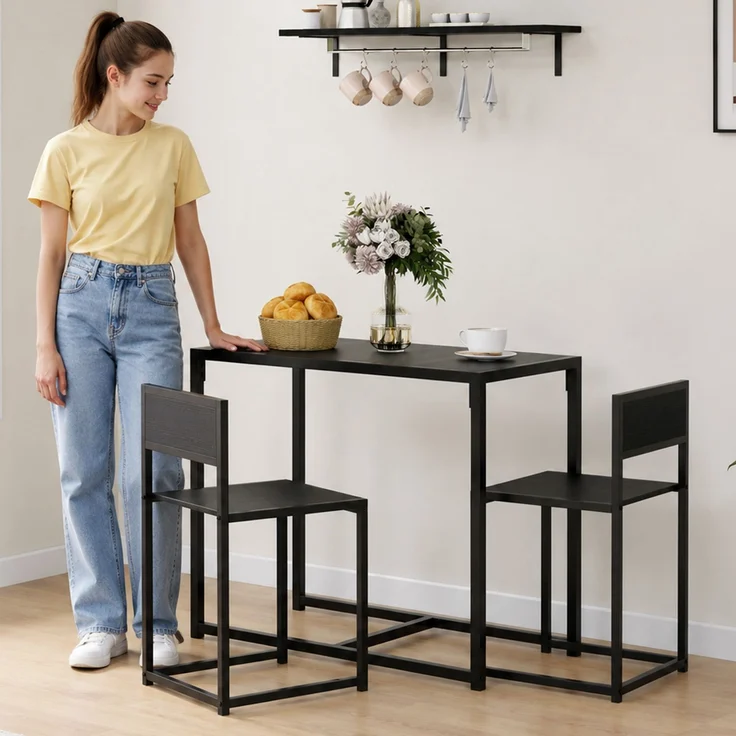MELAYR, 3-teiliges Bartisch-Set Hochtisch-Set 3-teilig, 2 Stühle, 1 Tisch, 90 cm x 47 cm x 76 cm, Schwarz – Bild 3