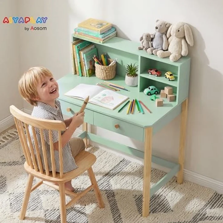 AIYAPLAY Kinderschreibtisch mit Schubladen Regal Stauraum (Schülerschreibtisch, 1-St, Kinder Schreibtisch), für 5-12 Jahre Kinder, zum Lernen, Lesen, Malen, Basteln Grün – Bild 2