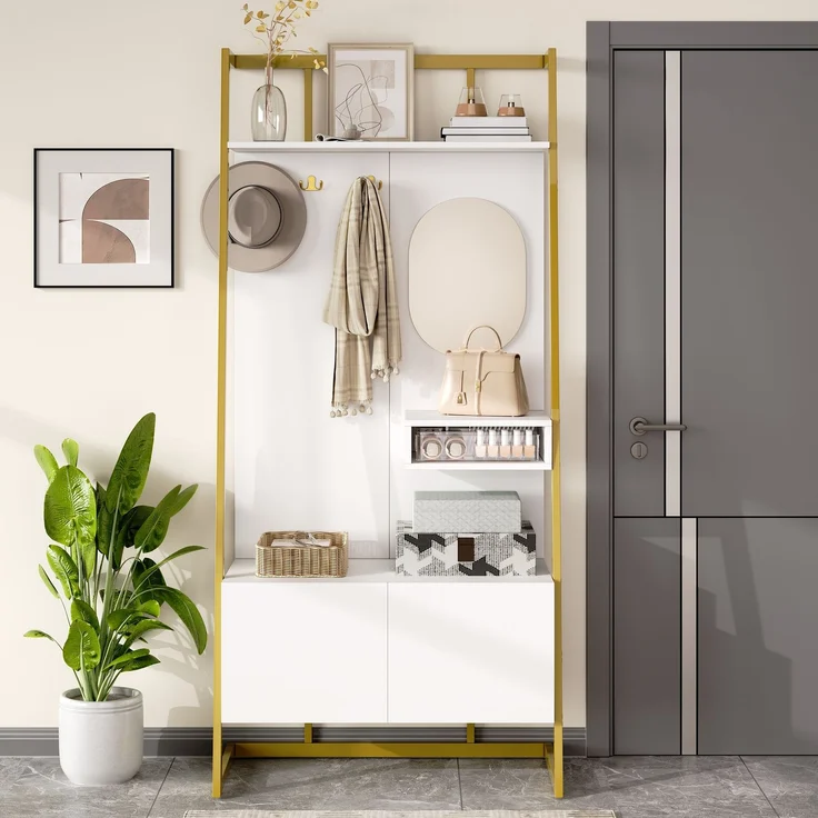 Faumrta Moderne minimalistische Kompaktgarderobe, offener multifunktionaler Aufbewahrungsschrank mit Spiegel, Metallhaken,Garderobenständer mit Schuhbank, Garderobe, Schuhaufbewahrung,Kleiderständer,78CM*38.5CM*180.5CMWeißMDF (Medium-Density-Faserplatte) – Bild 10