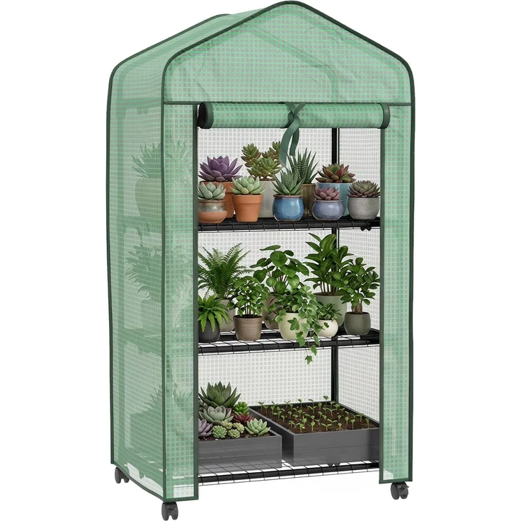 MELAYR, Mini-Gewächshaus mit 3 Ablagen, Hochwertige PE-Plane, Rolltür, 4 Rollen, 74 x 47 x 7,5 cm, Grün – Bild 1