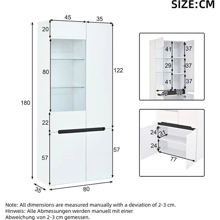 Vitrine mit LED, 4 Flügeltüren mit Trennwand aus Sicherheitsglas, Wohnzimmer Glasvitrine Hochglanzfront, Sammlervitrine für Wohnzimmer, Esszimmer, Schlafzimmer,Weiß,80×35×180cm – Bild 4