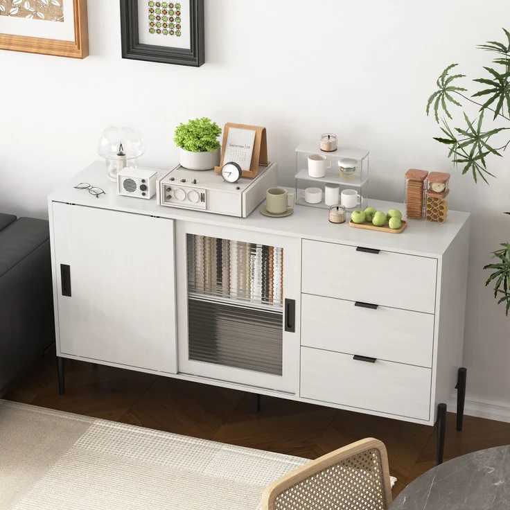 Klassisches Sideboard mit geripptem Glas und 3 Schubladen in Weiß, 160 lbs Tragfähigkeit – Bild 4
