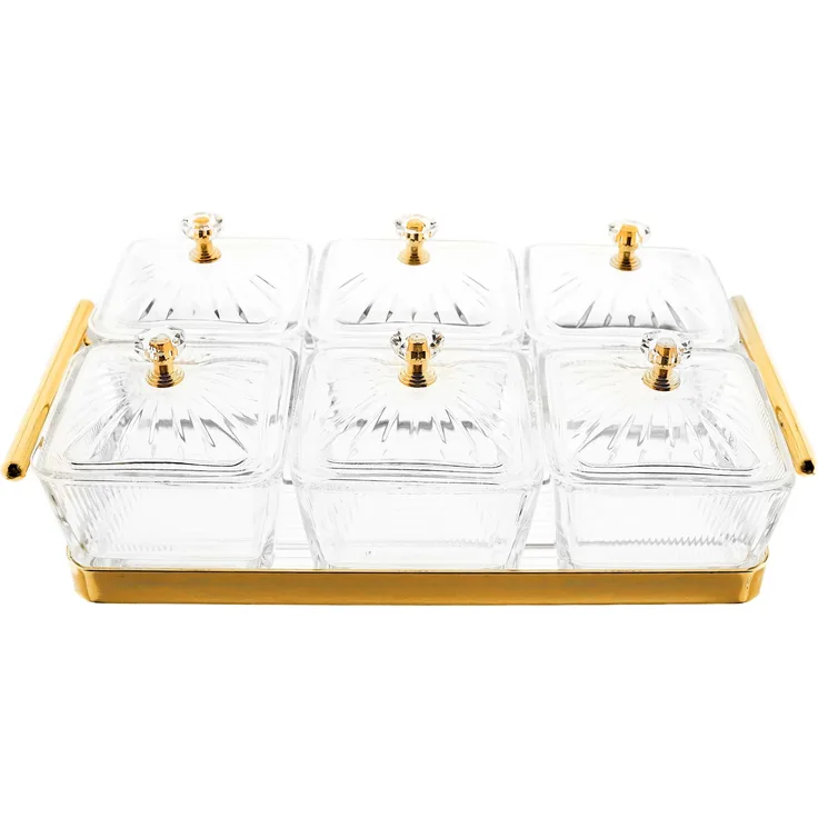13 Teiliges Snackschalen-Set aus Glas mit goldenem Serviertablett & Knaufdeckel