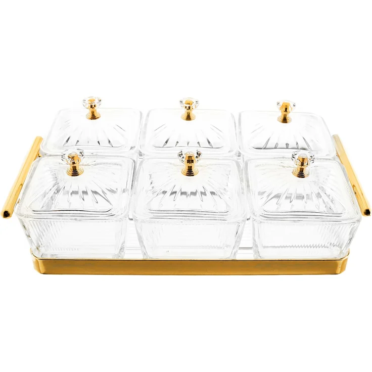 13 Teiliges Snackschalen-Set aus Glas mit goldenem Serviertablett & Knaufdeckel – Bild 1