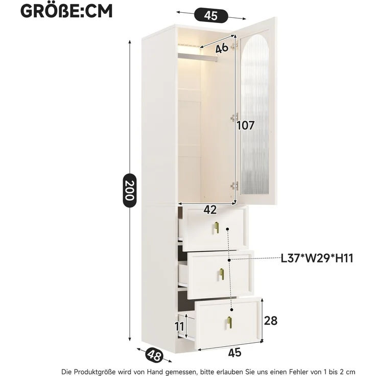 Kleiderschrank mit LED-Licht, Riffelglastür & 3 Schubladen, 45x48x200 cm, Weiß – Bild 6