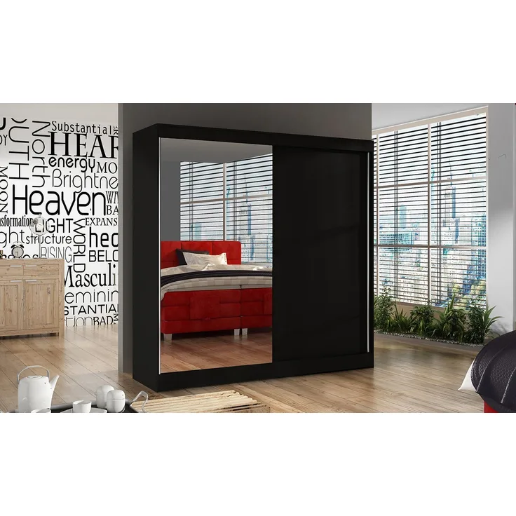 Schwebetürenschrank Basti I 200 cm mit Spiegel - Kleiderschrank, Schiebetürenschrank mit Kleiderstange und Einlegeboden, Schlafzimmerschrank, Schiebetüren, 200x215x58 cm (Schwarz)