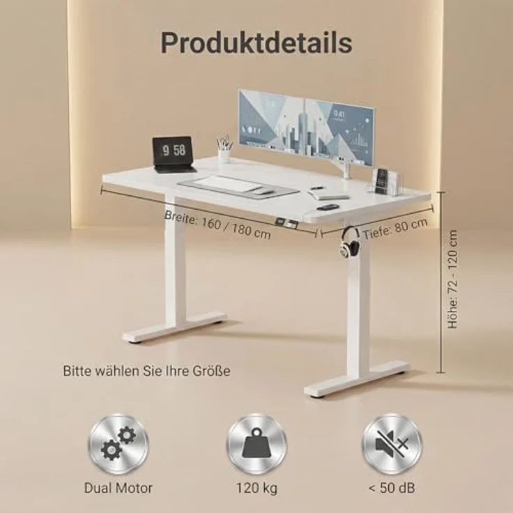 Devoko Höhenverstellbarer Schreibtisch 180x80 cm elektrisch, Höhenverstellung 71-121 cm mit Smart Control, 120 kg Tragkraft, für gesundes Arbeiten – Bild 3
