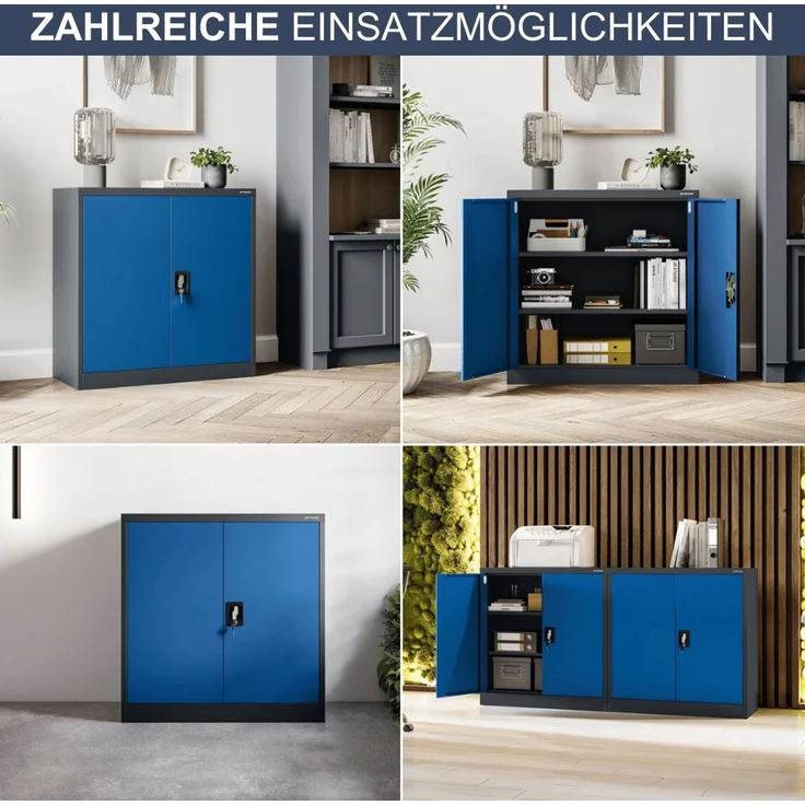 Aktenschrank abschließbar KADO - 3 Ebenen verstellbar, Flügeltüren | Metallschrank Werkstatt Mehrzweckschrank Büroschrank aus Stahl Werkzeugschrank, 93x90x40cm Anthrazit-Blau – Bild 6